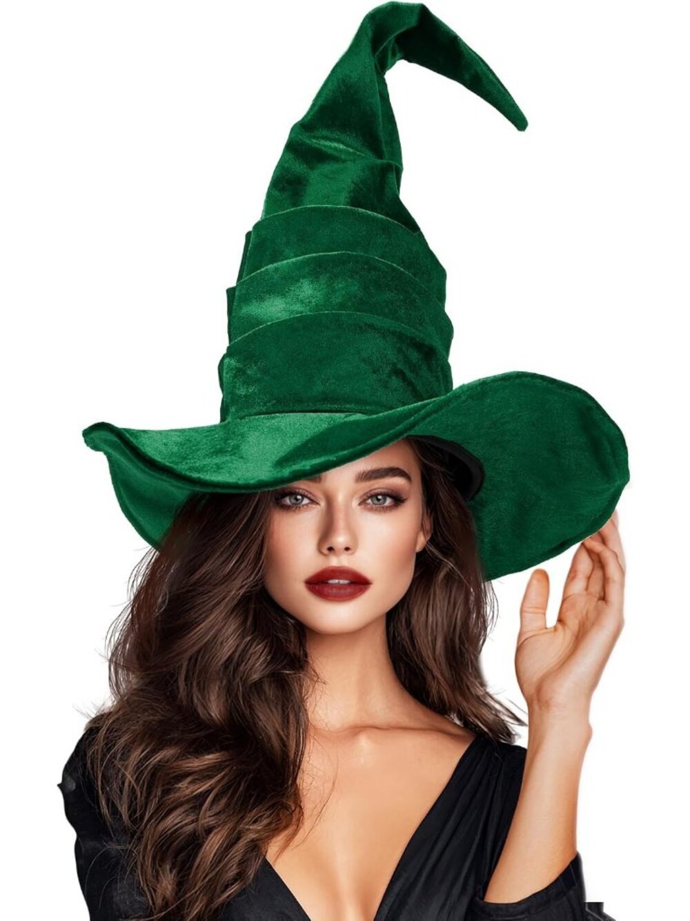 Vintage  Green Velvet Witch Hat for Women Halloween Costume Accessory